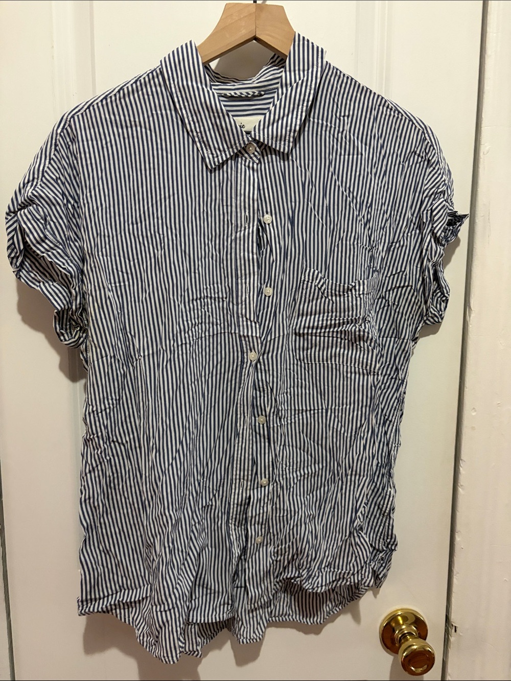 Women's Navy and White Striped Button-Down Shirt